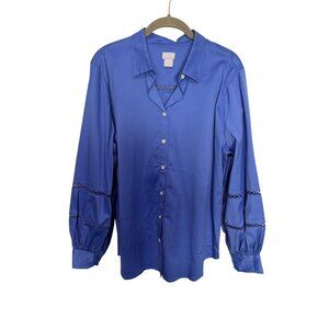 Chico's Blouse Blue with Cutout Balloon Sleeves Collared Womans 3/XL